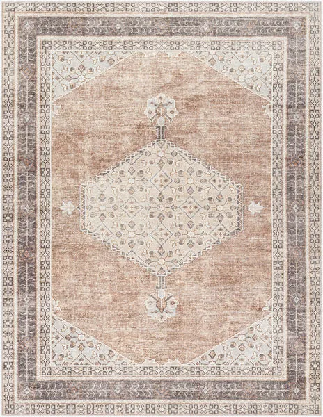 Lila Gray/Brown Machine Woven Rug with a central hexagonal medallion and intricate vintage-style border in muted gray and ...