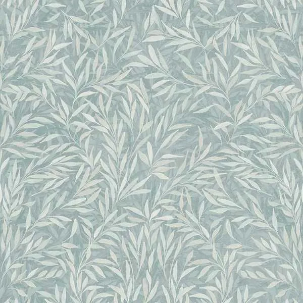 Salix Leaves wallpaper with pale green lance-shaped leaves pattern on a blue-green textured background