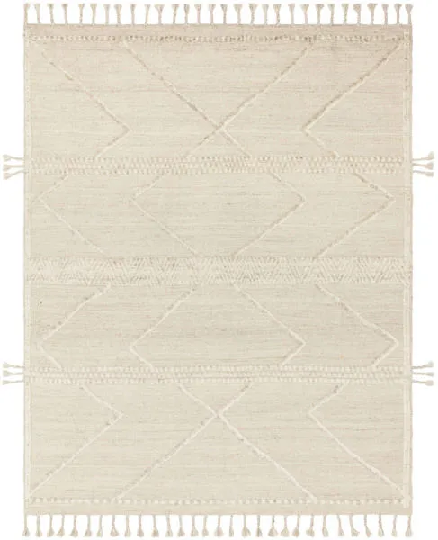 Beige and ivory hand-knotted wool and cotton rug with linear and braided Moroccan-style patterns and fringed edges