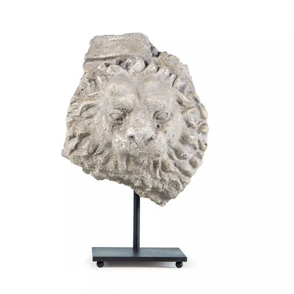 Regina Andrew Design Oxford Accessory, gray lion head sculpture on black metal stand with rectangular base