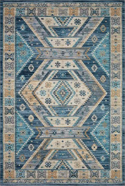 Traditional Zion Ocean Gold Rug with southwest-inspired geometric patterns in blue, beige, and gold tones