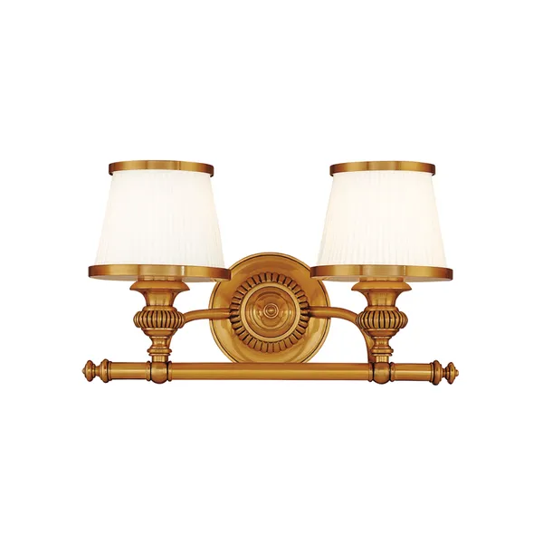 Milton 2 Light Bath Bracket with circular decorative backplate, metal rails, and opal pleated glass shades trimmed in brass