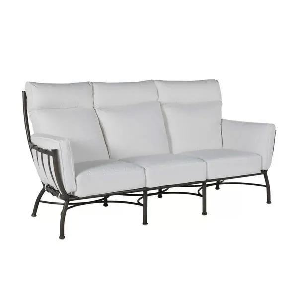 Majorca Slate Gray Aluminum Sofa with white cushions and curved metal frame for outdoor use
