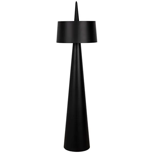 Moray Floor Lamp with tall tapered matte black metal base, cylindrical shade, and pointed finial top