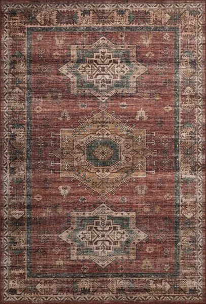 Anniston Spice Multi rug with traditional geometric motifs in distressed red, beige, and blue hues