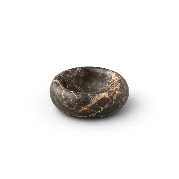 Compact round nuts bowl carved from Brown Emperador marble with warm beige veining and polished finish
