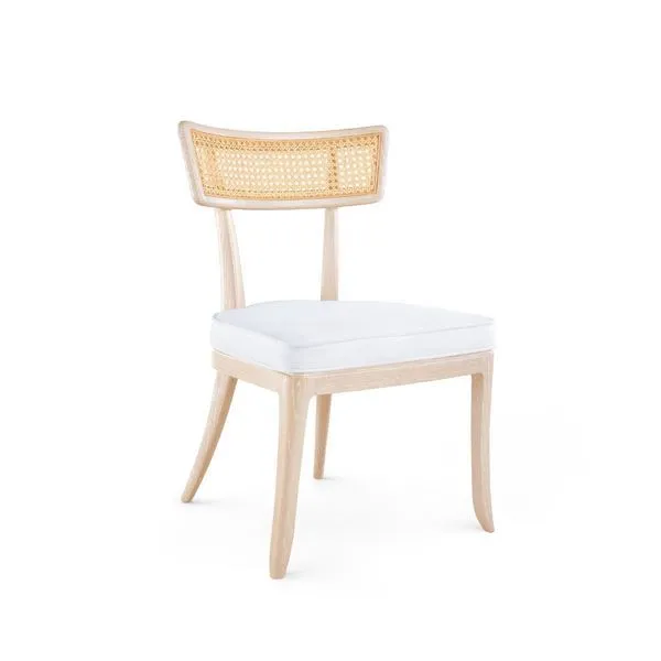 Marshall Cane and Linen Side Chair in sand with curved bleached wood frame, octagonal cane back, and natural linen cushion