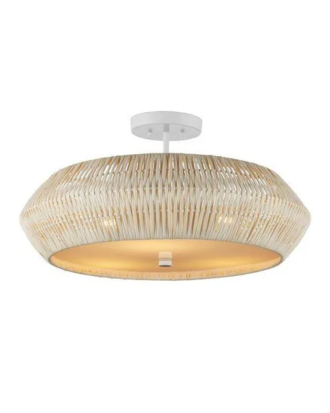 White semi-flush mount ceiling light with natural bleached rattan shade and wrought iron frame