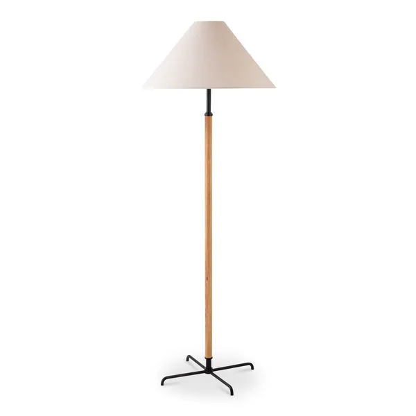 Oswin Floor Lamp with sleek metal base, warm oak wood pole, and off-white angled linen shade