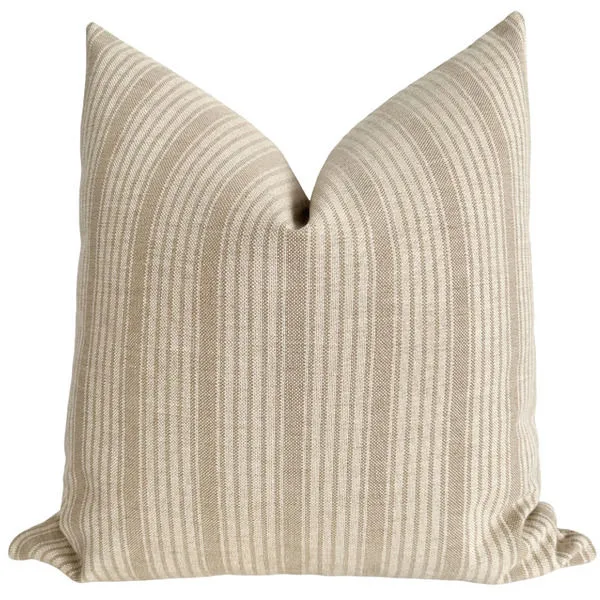 Square pillow cover with tan and white vertical chai stripe pattern, soft woven texture, plush fill