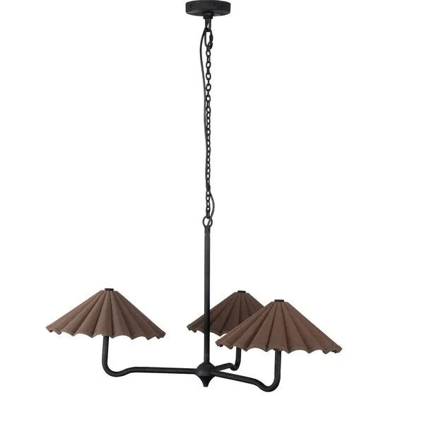 Fiorella Scalloped Chandelier with three dark brown scalloped fabric shades and wrought iron chain in matte black