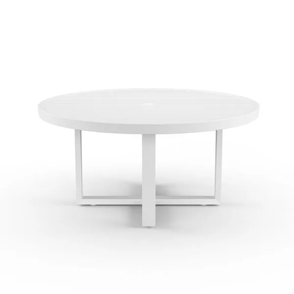 Round outdoor dining table with slatted top and sled base in powder-coated aluminum with Frost finish