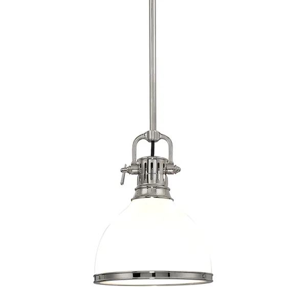 Single pendant light with glossy opal glass dome shade, silver metal fittings, cloth-cord suspension