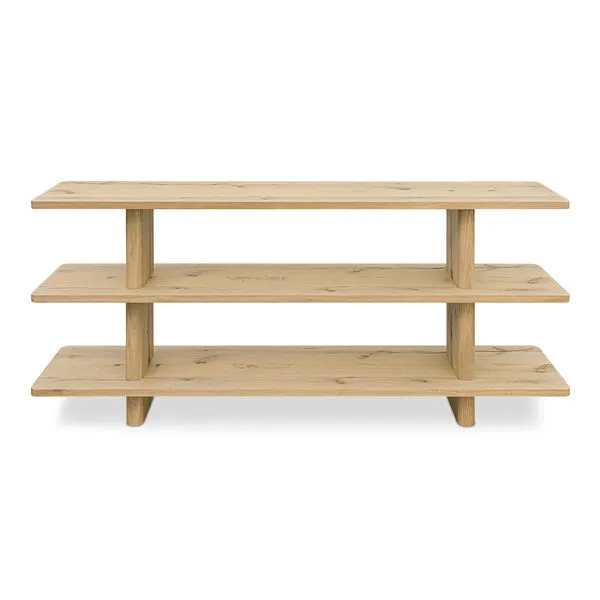 Casey bookcase with three evenly spaced shelves and vertical supports featuring a bullnose edge in light wood finish.