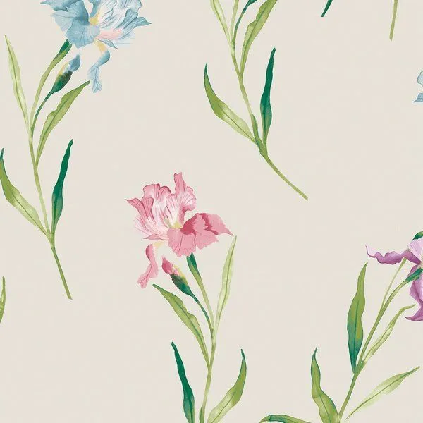 Wallpaper with watercolor iris flowers in shades of pink, blue, and purple on a pale seaspray background