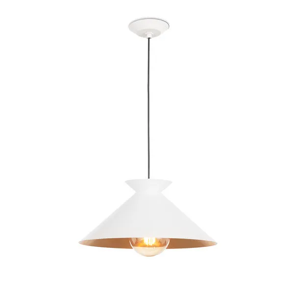 Viggo Pendant with white conical shade, gold-leafed interior, and visible bulb hanging from black cord