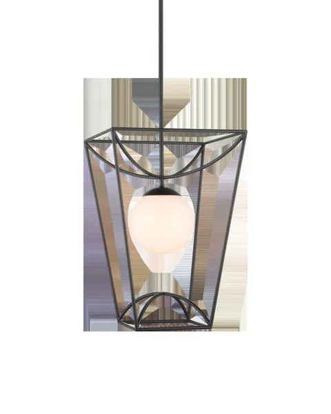 Outdoor Rochefort Small Lantern with black powder-coated geometric frame and central milky white glass globe pendant light