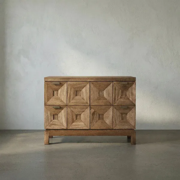 Two-drawer Musashi Walnut console table with six faceted pyramidal drawer fronts, dark walnut wood, and minimal brass pulls.