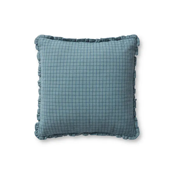 Square ocean blue throw pillow with a subtle gridded pattern and short ruffled edges