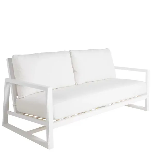 White aluminum loveseat with white cushions and modern geometric frame design for outdoor seating