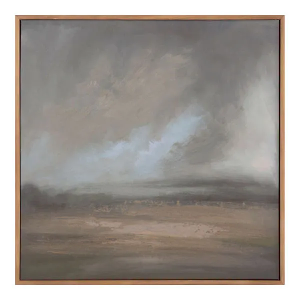 Serene painting with muted sky and rural landscape, framed in warm brown stained pine wood