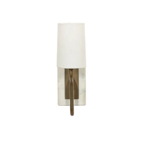 Calla Bookshelf Lamp with white linen shade, bronze hardware, and rectangular white marble base