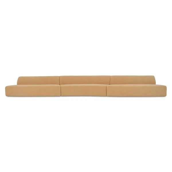 Naomi Wave Modular Sectional three-piece sofa with soft, textured camel fabric and sculptural curved design