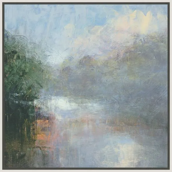 Serene impressionistic painting of a misty morning landscape with soft pastel blues, greens, and light reflections