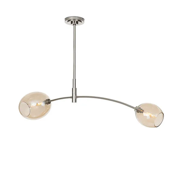 Double pendant light with polished nickel arched arm and two champagne glass globes on each end