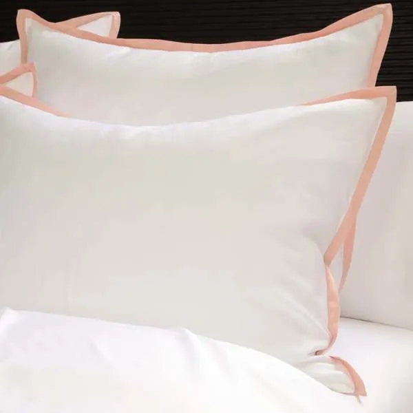 Pink edged bamboo sateen Euro sham with soft silky texture in pale pink border on white fabric