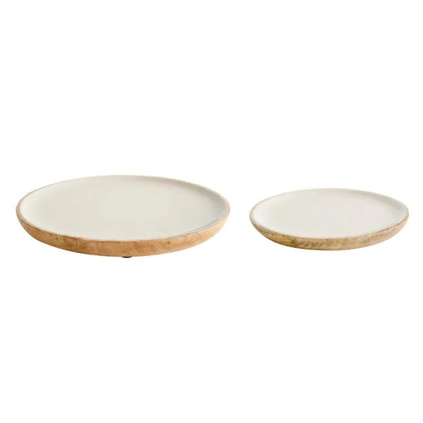 Side profile of two plates showing thickness and wood grain of mango wood rims with white enamel surface