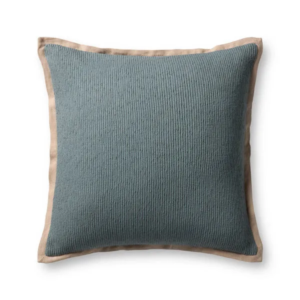 Light blue 22x22 inch throw pillow with beige flange edges and nubby cotton texture