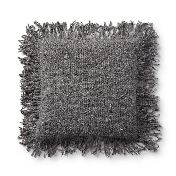 Square charcoal pillow with woven wool and cotton texture and long fringes on all sides