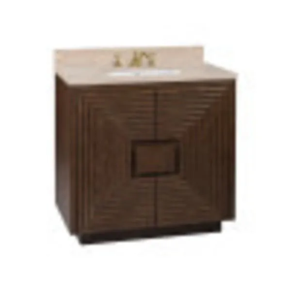 Morombe 36 inch bathroom vanity in deep distressed cocoa wood with geometric embedded squares and travertine countertop