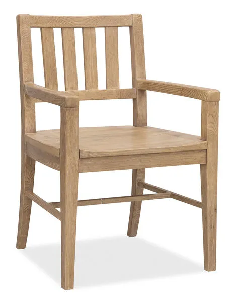 Driftwood Splatback Sun-Faded Arm Chair with slat-back design, solid oak, and sturdy wood seat in rustic buckboard finish