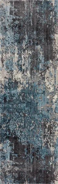 Top view of long runner size Samra Charcoal / Sky Rug with detailed abstract blue and charcoal pattern