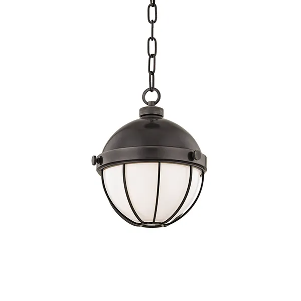 Sumner 1 Light Pendant with black metal dome top and frosted white globe encased in black metal cage, hanging from chain