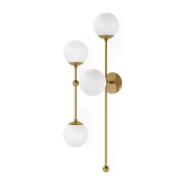 Armstrong 4 L Sconce with four matte white glass globes on smooth brass rods in an asymmetric design