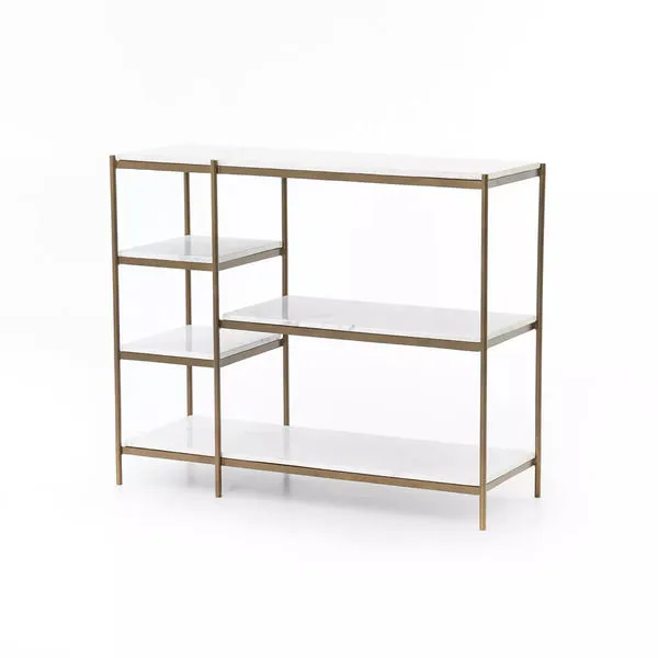 Lily Console Table with white marble tops and antique brass slim iron frame in an asymmetrical shelving design