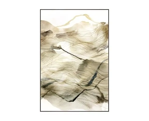 Abstract mountain range painting in brown and beige tones with flowing lines and soft shadows on a white background