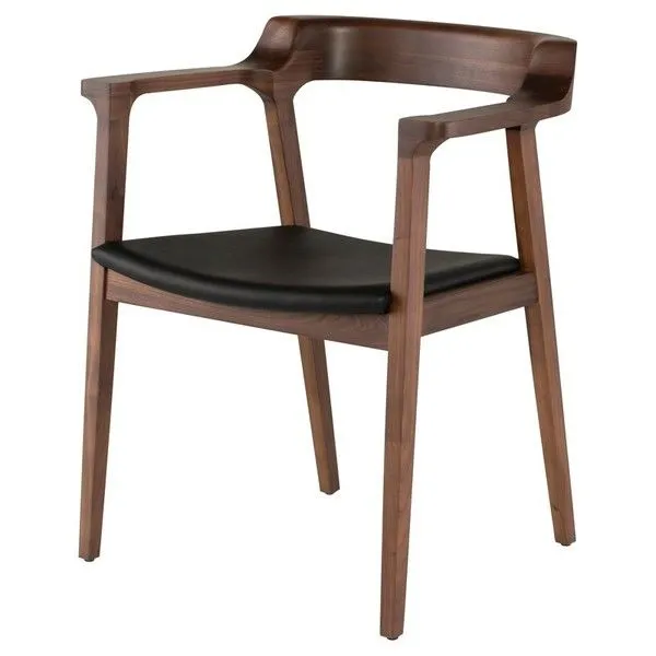 Three-quarter view highlighting angled armrests and black leather seat cushion