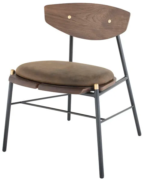 Modern Kink Dining Chair in smoked solid oak with black metal frame and rounded brown leather seat cushion