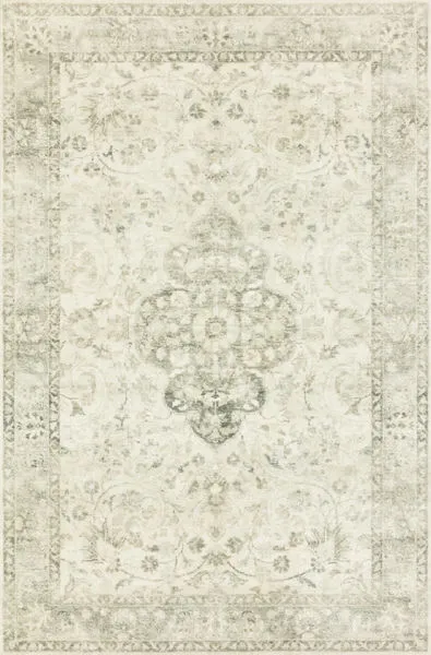 Rosette Ivory / Silver Rug with vintage floral medallion pattern in soft ivory and silver tones