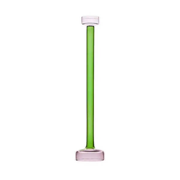 Tall slender glass candle holder with green stem and pink base and top