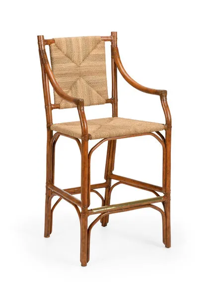 Mecklenburg Stool rattan barstool with natural finish, woven seat and back, and curved armrests