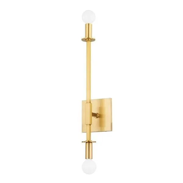 Milana aged brass 2-light wall sconce with square backplate, central vertical arm, and two round bulbs top and bottom