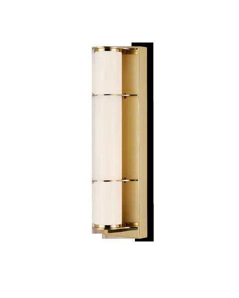 Blaine wall sconce with tubular milky glass diffuser held by polished brass metal rings on rectangular brass wallplate