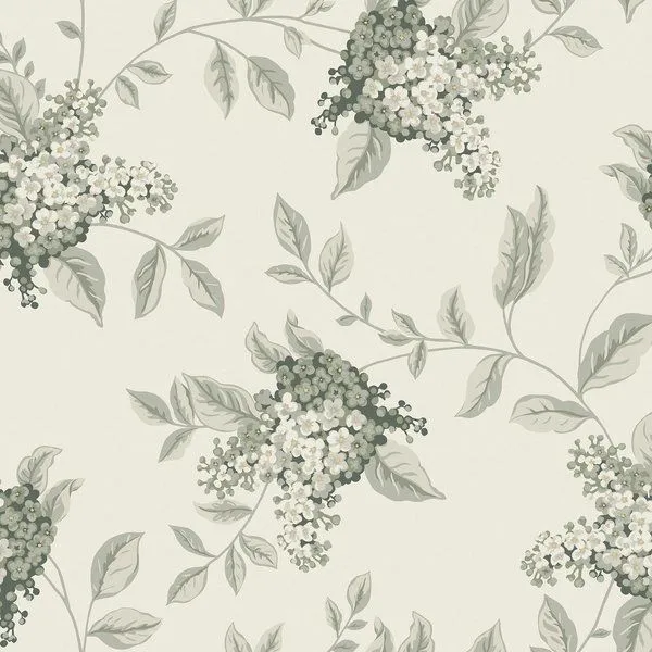 Wallpaper with trailing stems of lilac flowers and clustered white and muted green flowerheads on leafy branches