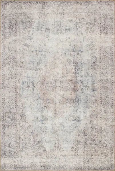 Loren Silver Slate Rug with faded vintage floral medallion design in soft gray and beige tones