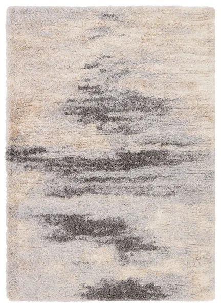 Modern Triton Abstract Gray and Cream Area Rug with tonal natural motifs on plush, shaggy pile